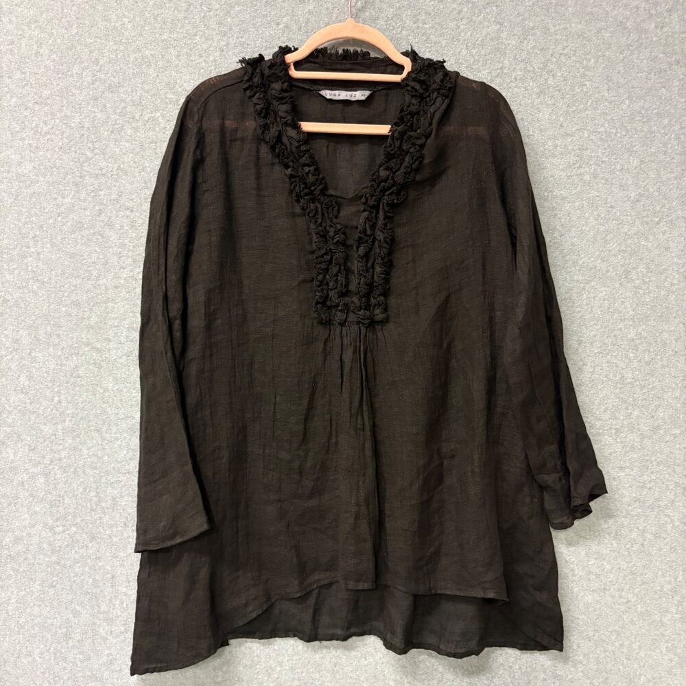 Luna Luz Black Linen Ruffle Neck Tunic Top XS Lagenlook Made USA